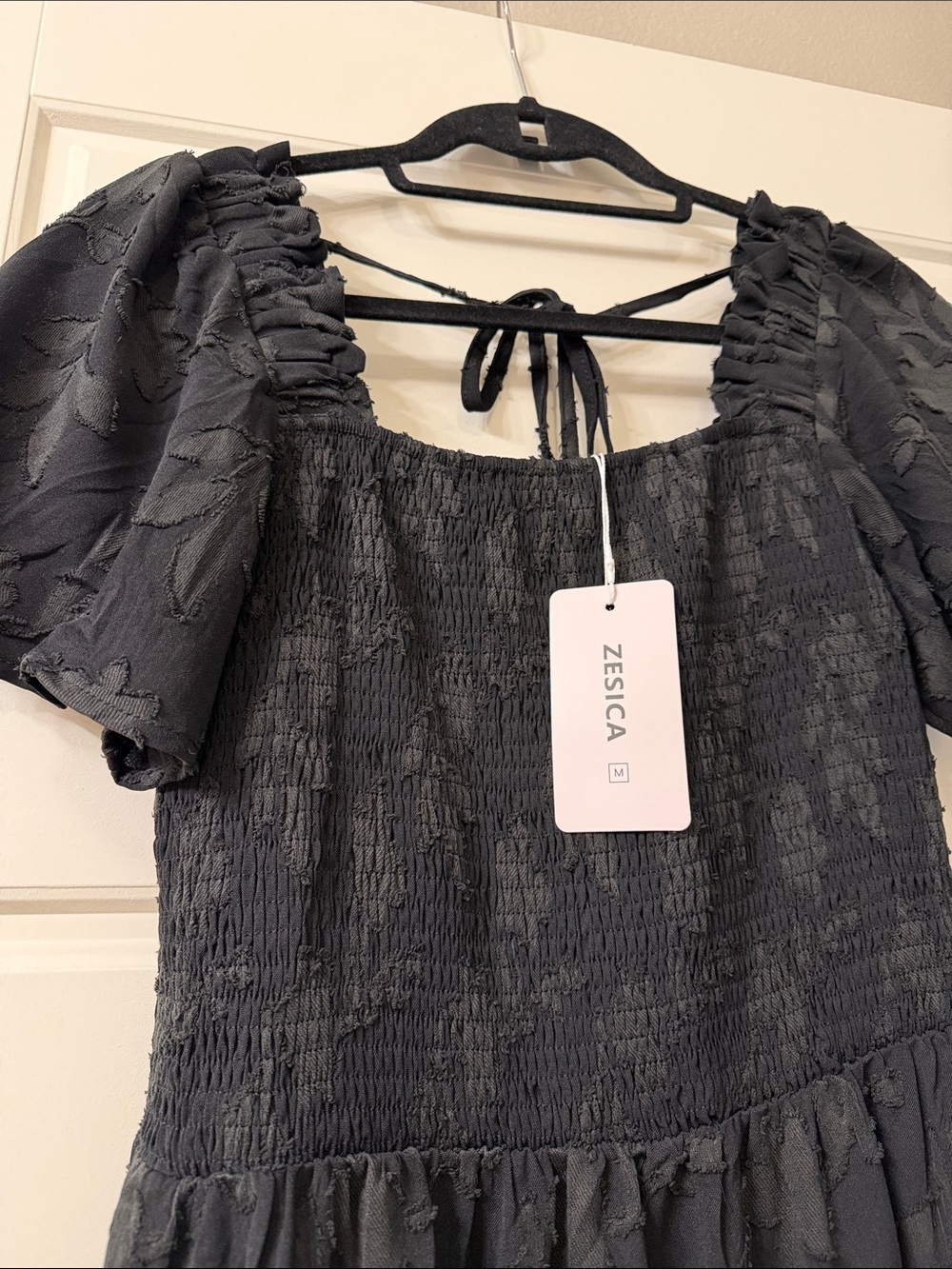 Smocked Puff-Sleeve Black Maxi Dress